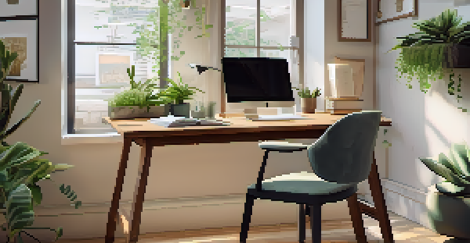 A cozy home office with a wooden desk, laptop, papers, a potted succulent, and a cup of coffee, illuminated by natural light from a window.