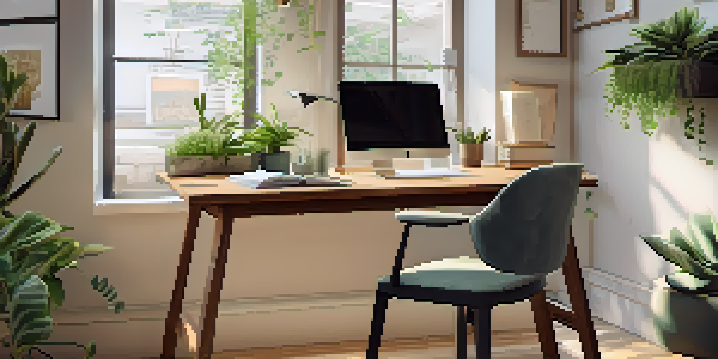 A cozy home office with a wooden desk, laptop, papers, a potted succulent, and a cup of coffee, illuminated by natural light from a window.