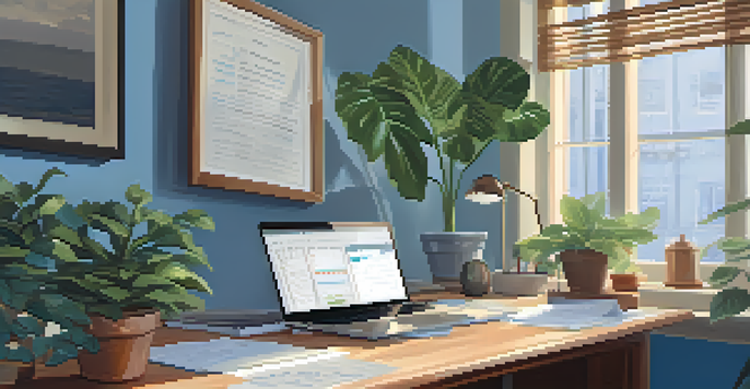 A serene office space with a wooden desk, an open laptop showing financial graphs, and a notepad with handwritten notes. Natural light coming through a window highlights a potted plant.