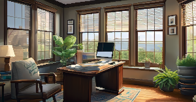 A warm and inviting home office with a desk, laptop, coffee cup, and documents, illuminated by sunlight from a window.