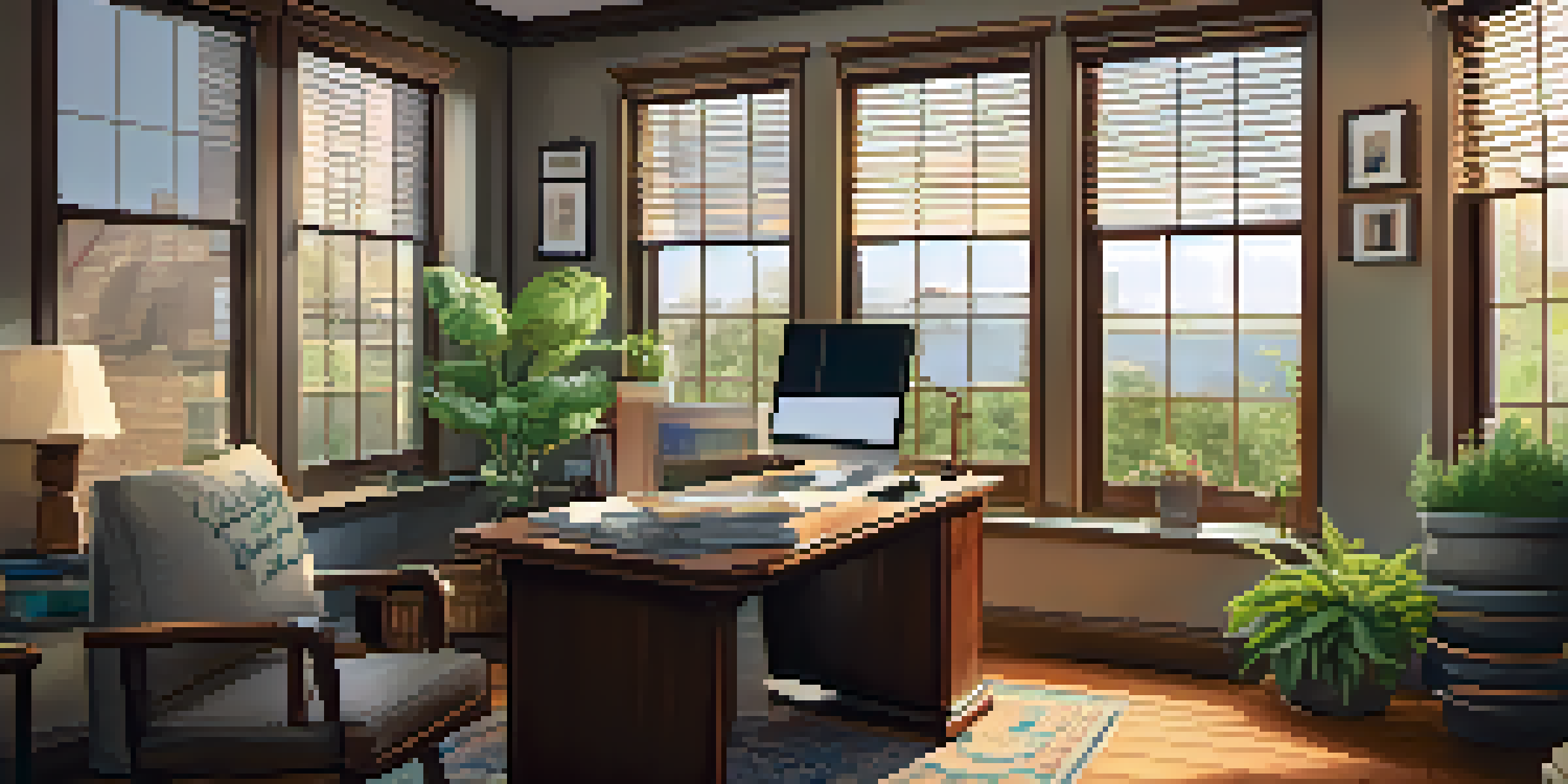 A warm and inviting home office with a desk, laptop, coffee cup, and documents, illuminated by sunlight from a window.