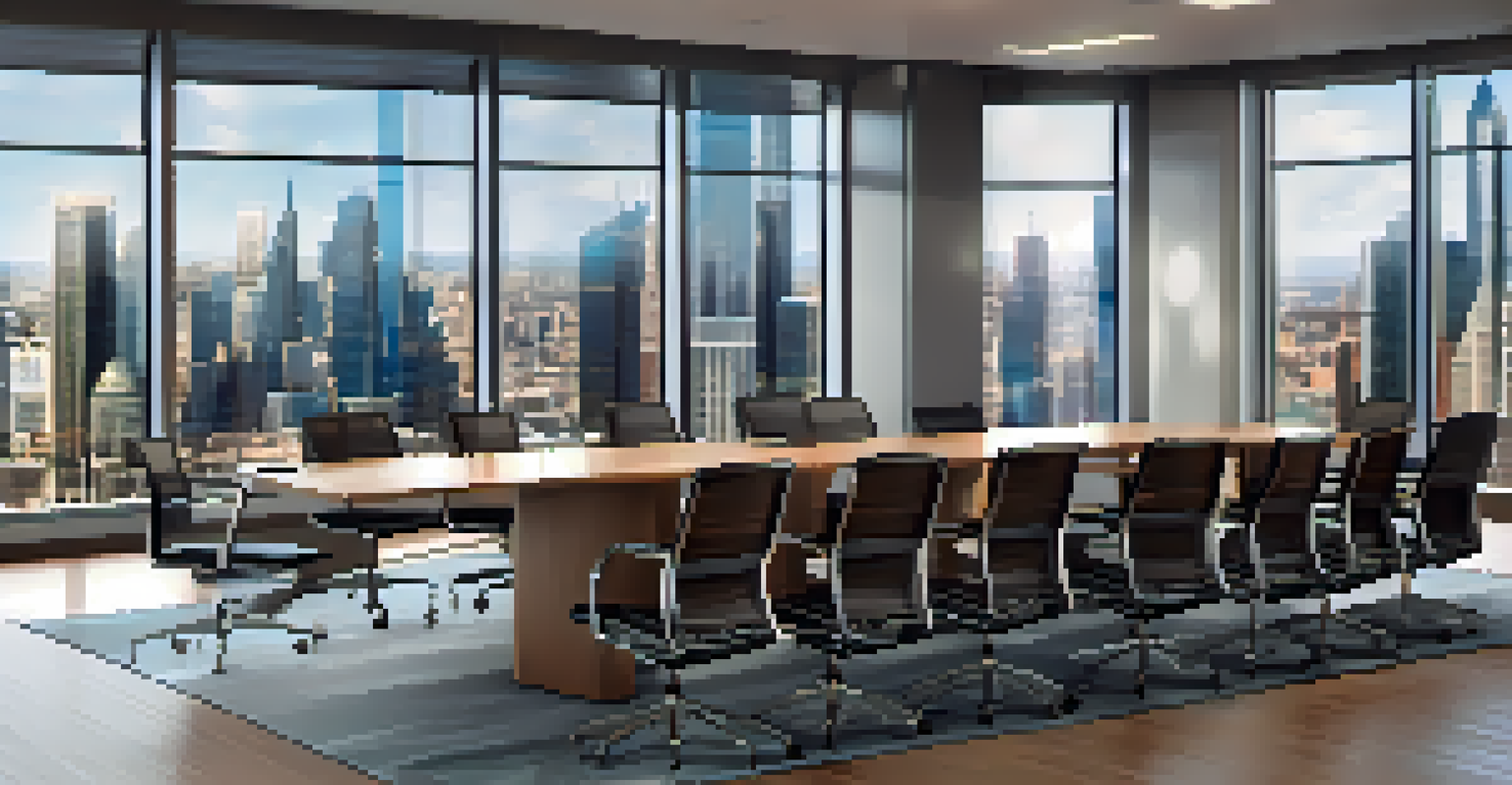 A meeting room with a long table, chairs, a city skyline view, and a projector screen with charts.