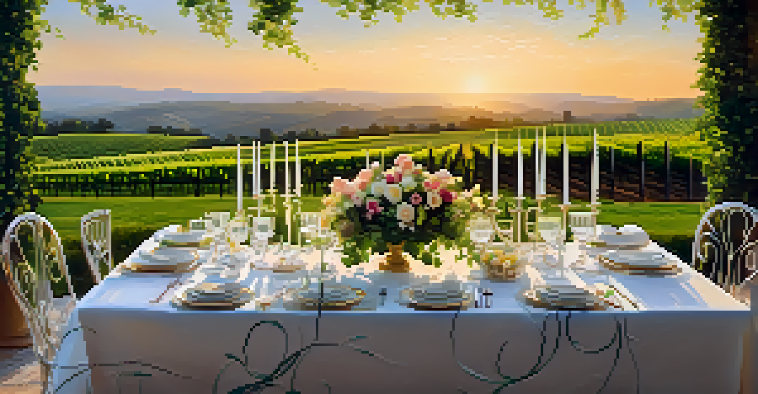 An elegant dining setup on a terrace with a view of a vineyard at sunset.