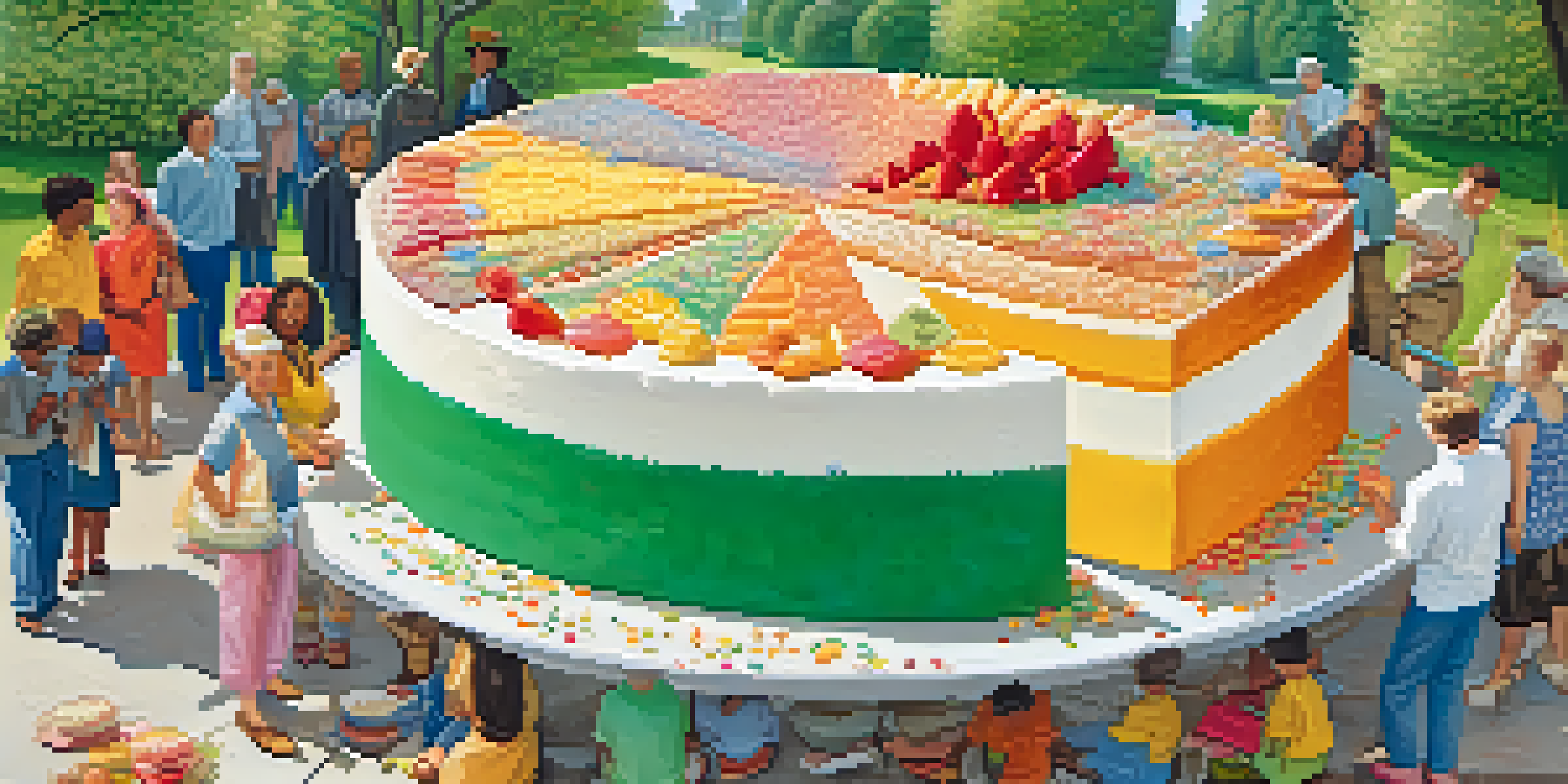 A colorful cake representing a progressive tax system, with diverse people sharing slices in a sunny park.