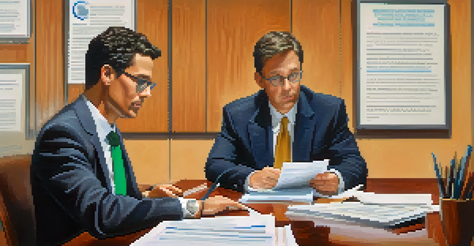 A tax auditor and taxpayer meeting at a table with documents in a well-lit IRS office.