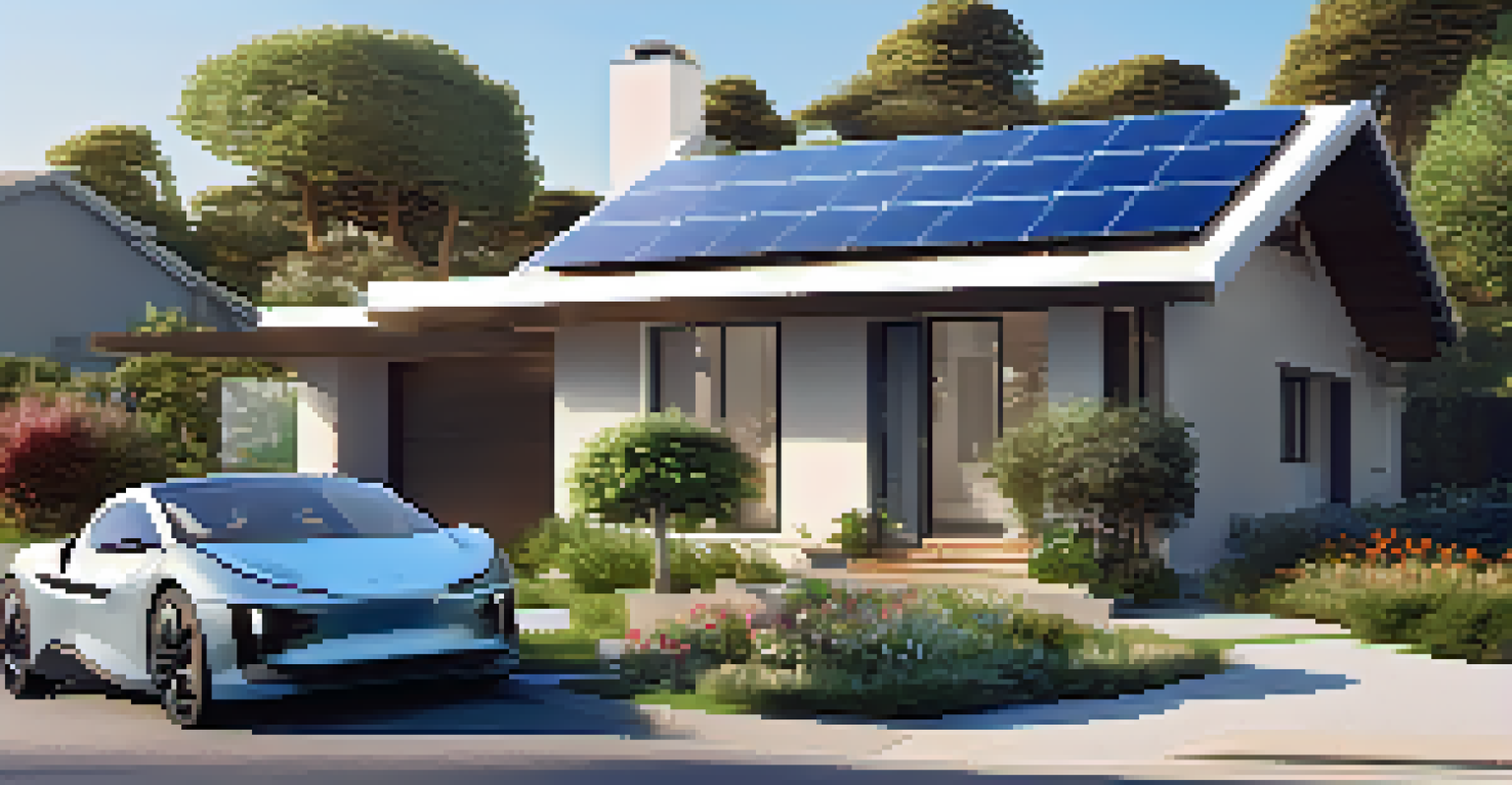 A contemporary home with solar panels and an electric vehicle charging station in a sunny setting.