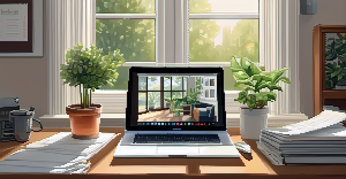 A cozy home office with a desk, laptop, coffee cup, and documents, illuminated by soft natural light from a window.