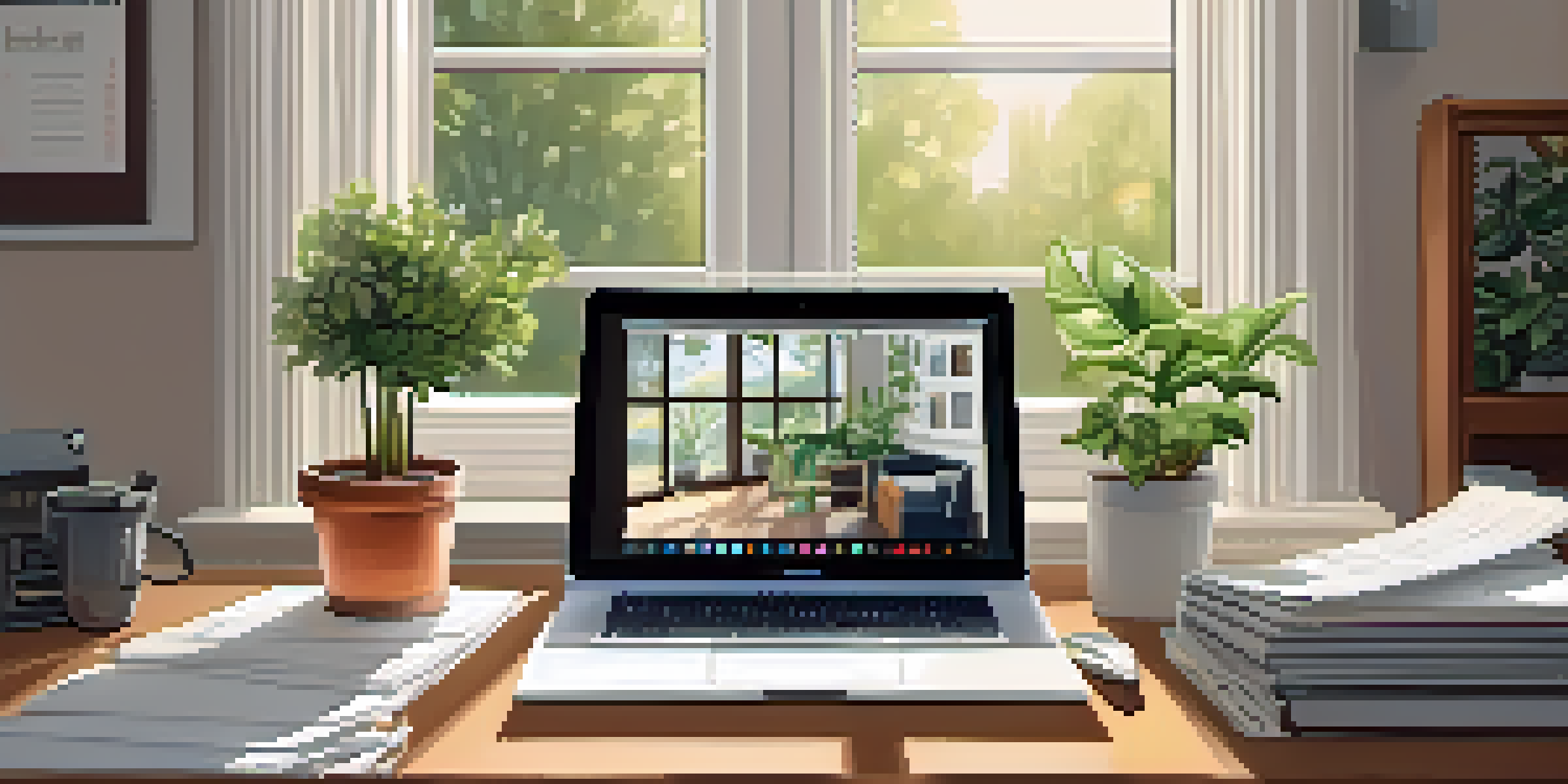 A cozy home office with a desk, laptop, coffee cup, and documents, illuminated by soft natural light from a window.