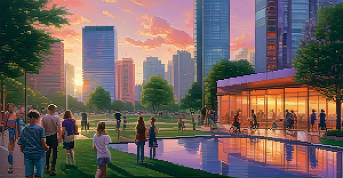 A vibrant cityscape during sunset with skyscrapers, green parks, and people enjoying the outdoors.