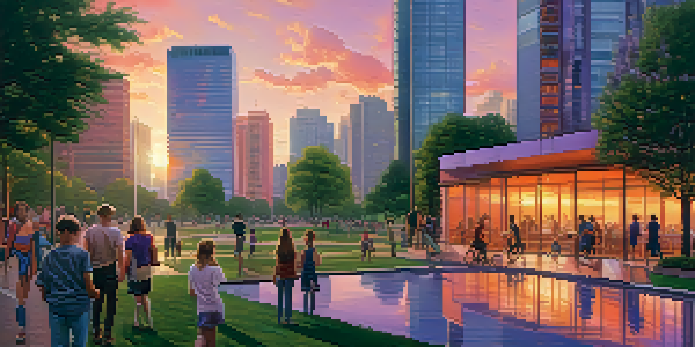 A vibrant cityscape during sunset with skyscrapers, green parks, and people enjoying the outdoors.
