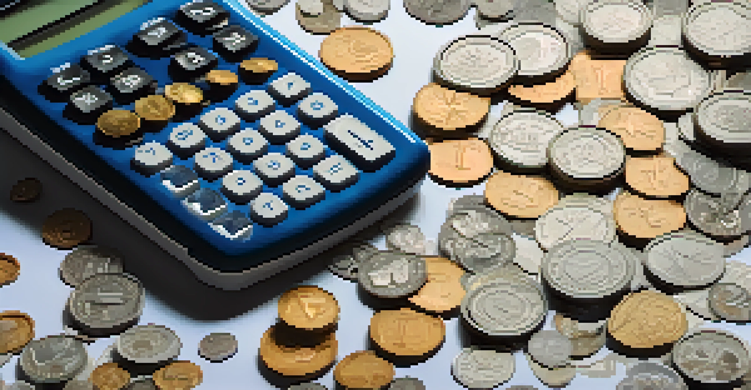 A close-up of a hand using a calculator, with coins and tax forms in the background, symbolizing personal finance.