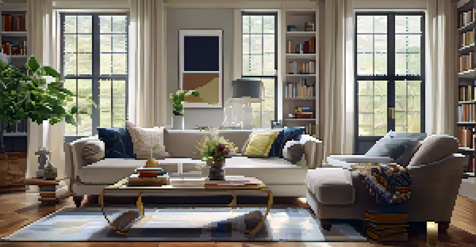 A cozy living room featuring a couch, coffee table with books, and bright natural light from windows.
