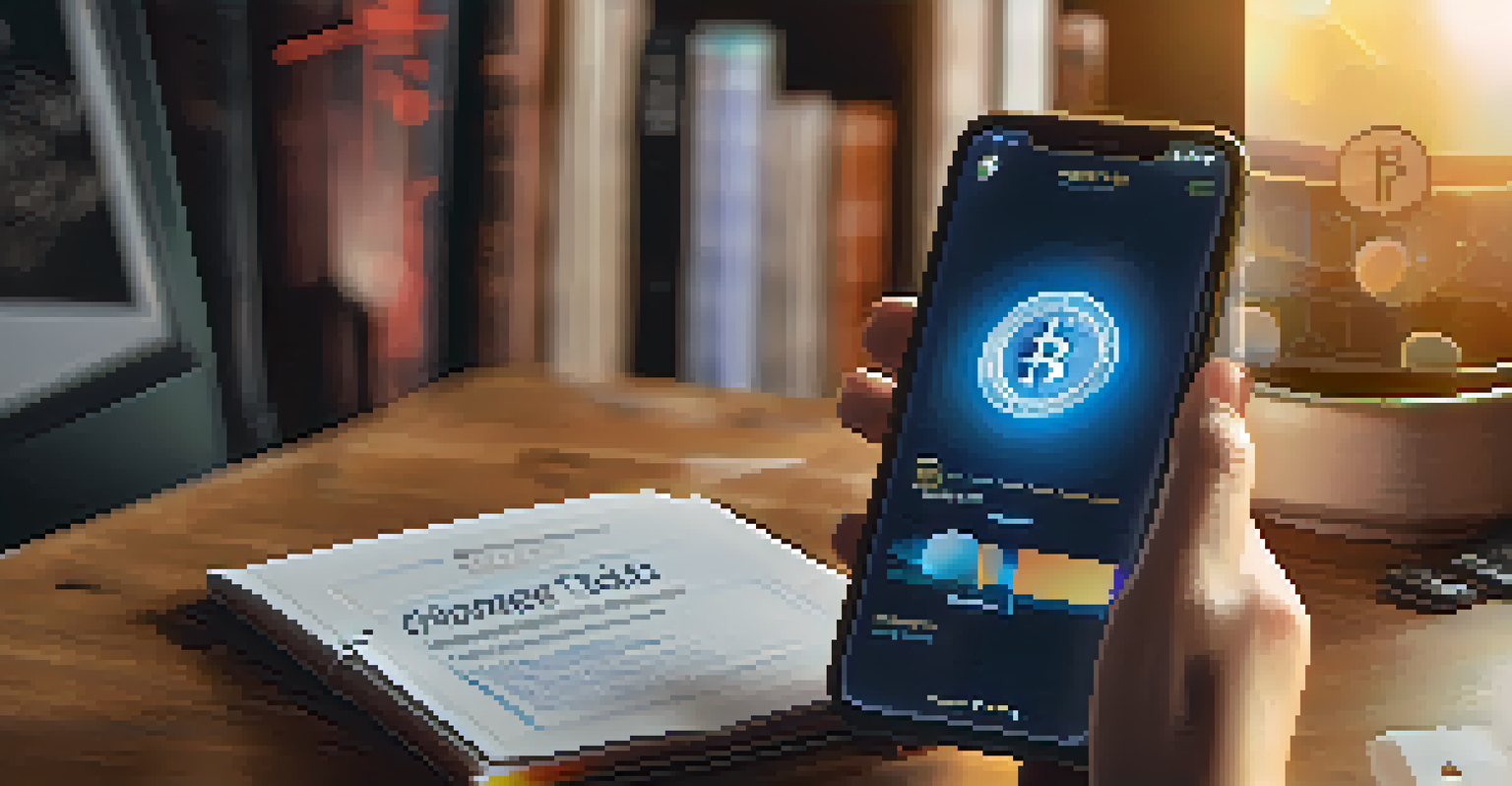 A close-up of a hand holding a smartphone with a cryptocurrency exchange app, set in a cozy home office with warm lighting.