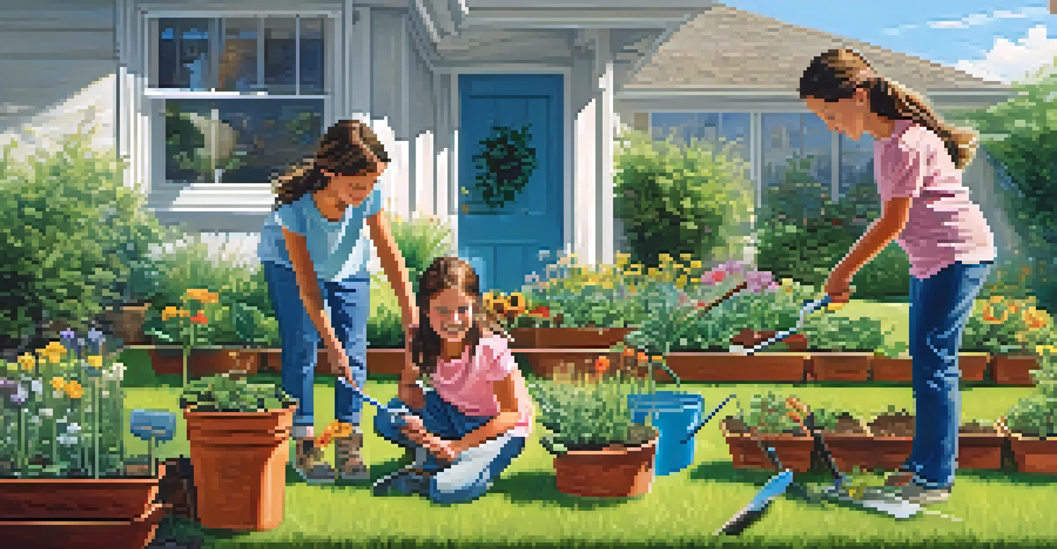 A family planting energy-efficient plants in their backyard on a sunny day.