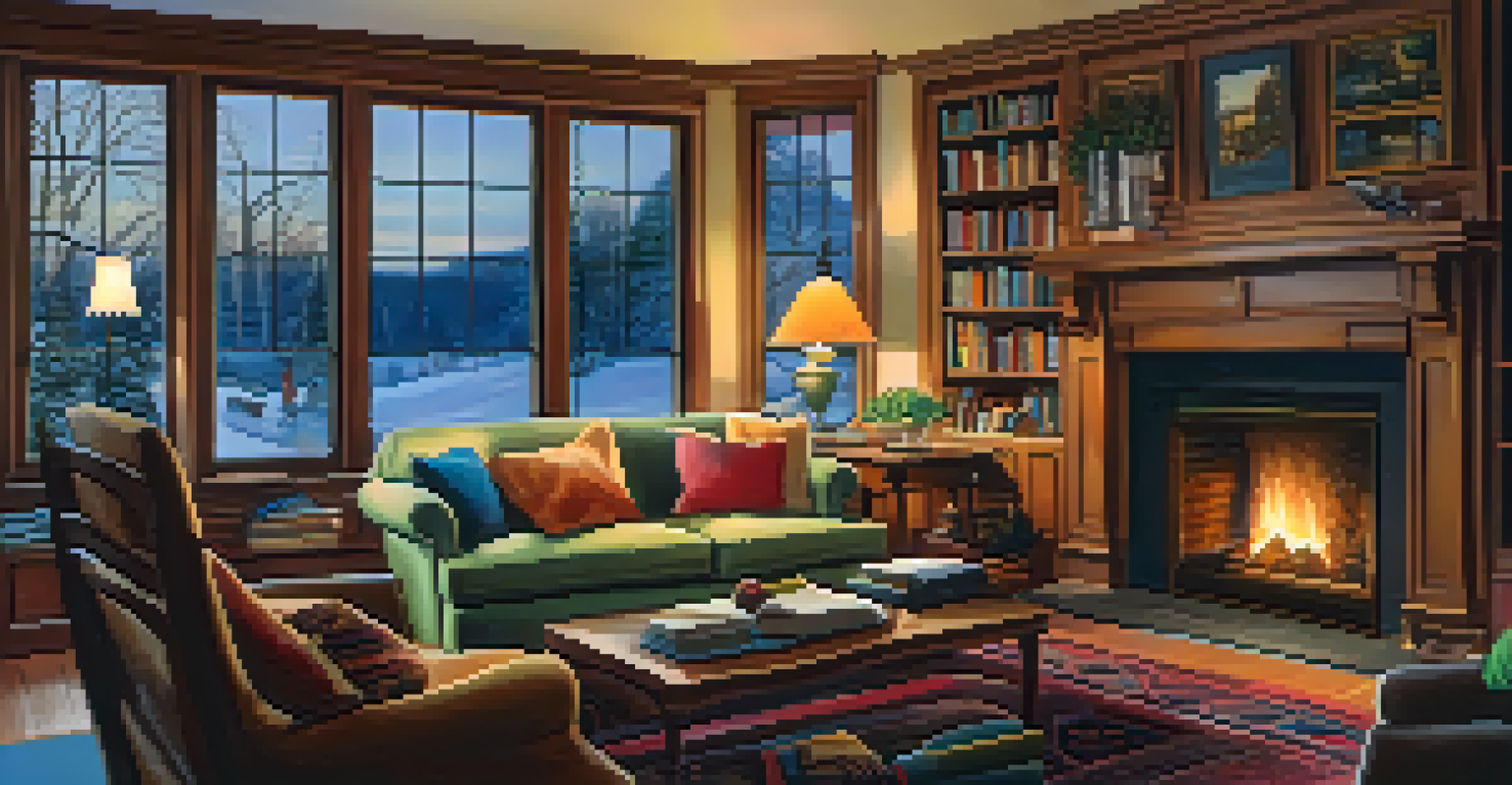 A warm and cozy living room with a fireplace and snowy scenery visible through the window.