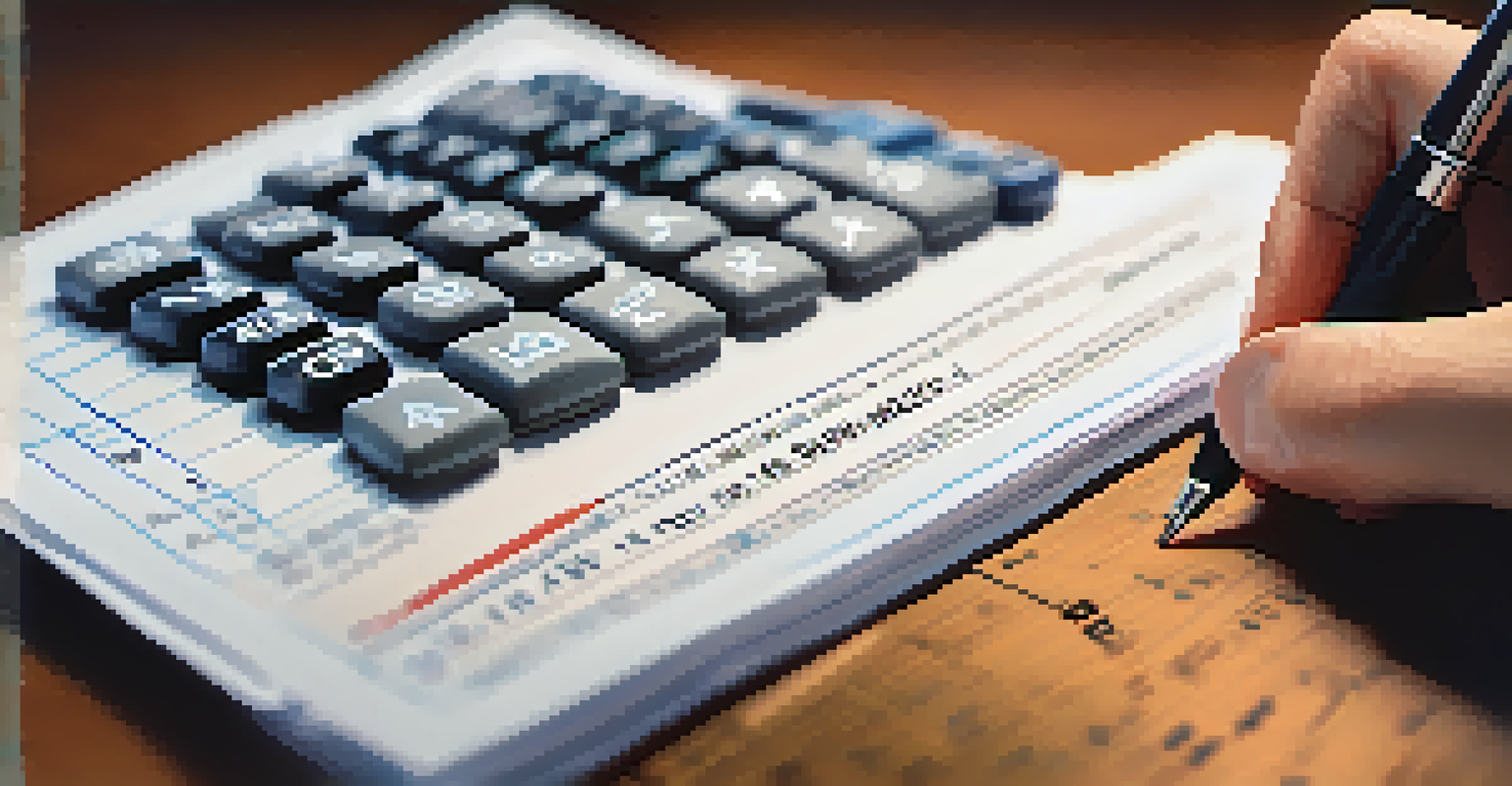 A close-up of a hand writing on a tax deduction document with a calculator and reports in the background.