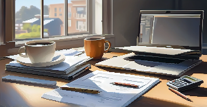 An organized office desk displaying various financial documents, a laptop, coffee cup, and a calculator, illuminated by natural light.