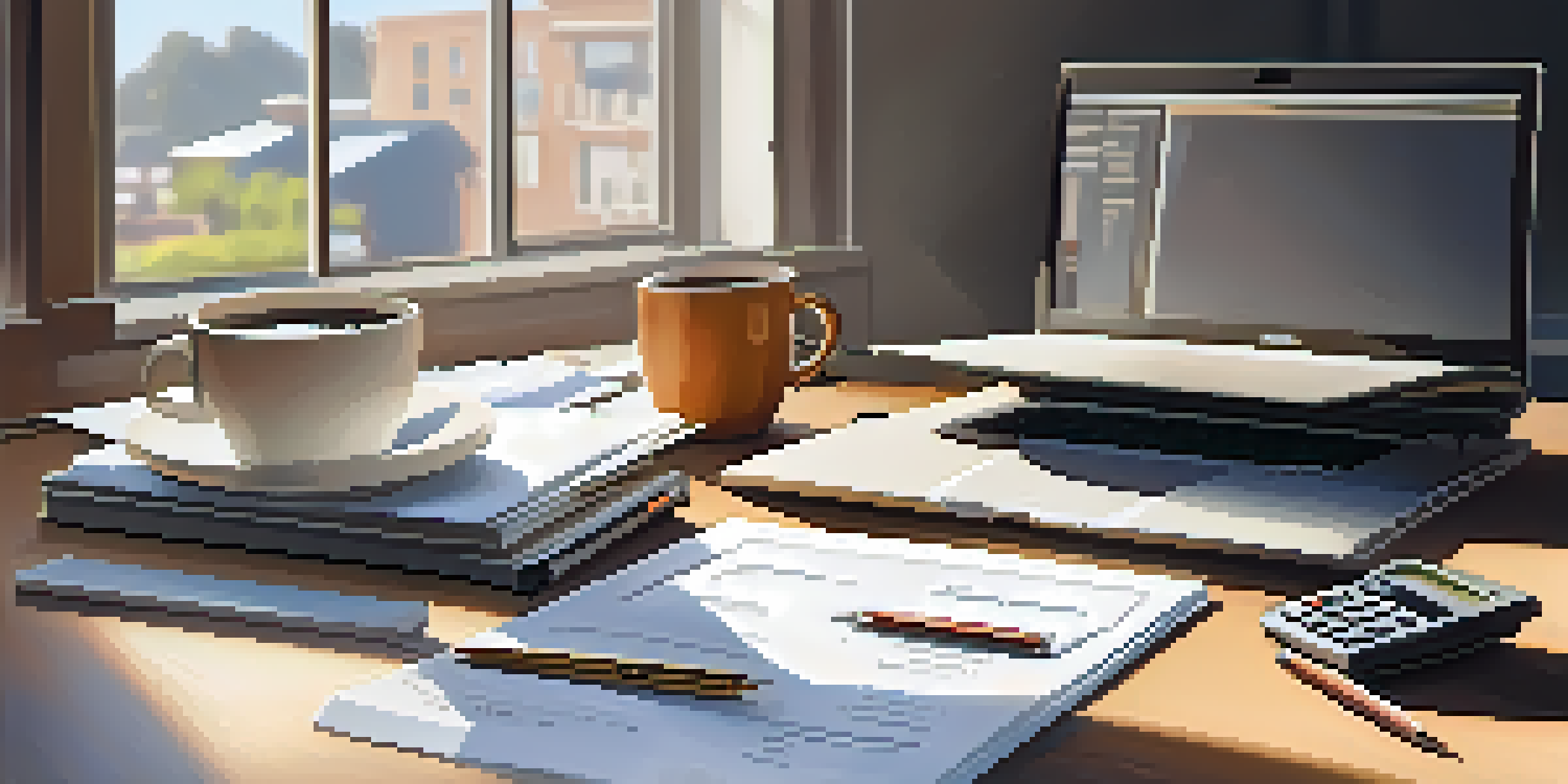An organized office desk displaying various financial documents, a laptop, coffee cup, and a calculator, illuminated by natural light.