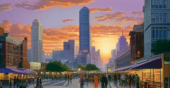 A vibrant city during sunset with modern and historical buildings, illuminated streetlights, and people enjoying outdoor cafes.