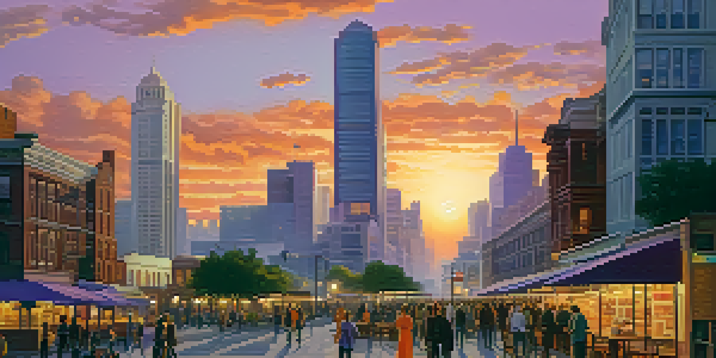 A vibrant city during sunset with modern and historical buildings, illuminated streetlights, and people enjoying outdoor cafes.