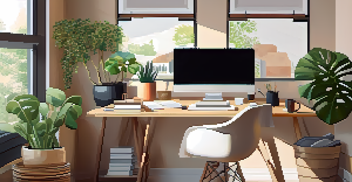 A cozy home office featuring a desk with a laptop, potted plants, and warm light from a window, evoking a sense of productivity.