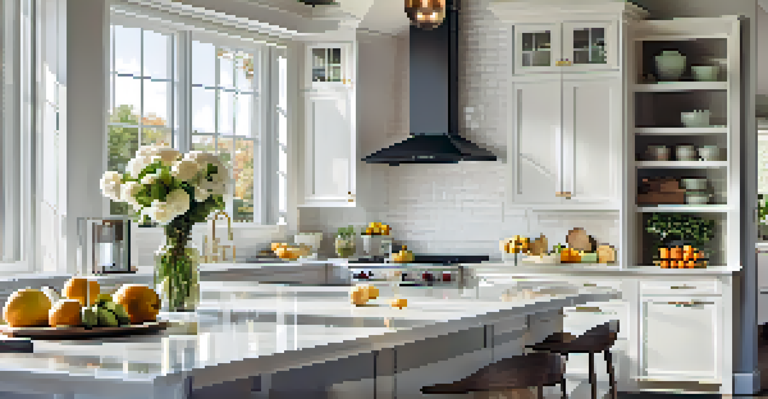 A modern kitchen with bright white cabinets, an island, and fresh fruits on the countertop, illuminated by natural light.