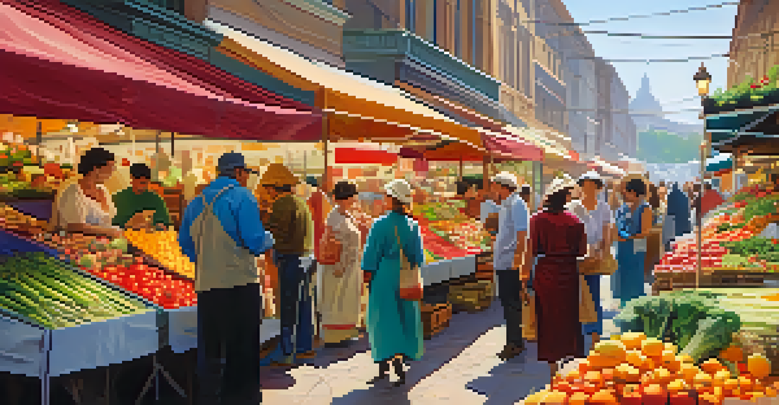 A lively market filled with colorful stalls of fresh produce and flowers, with people enjoying the day.
