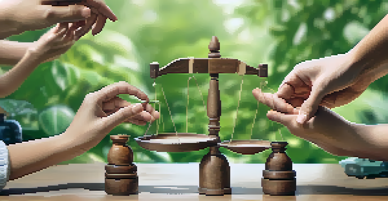 Diverse hands building a balanced scale model, representing tax equity, against a blurred green background.