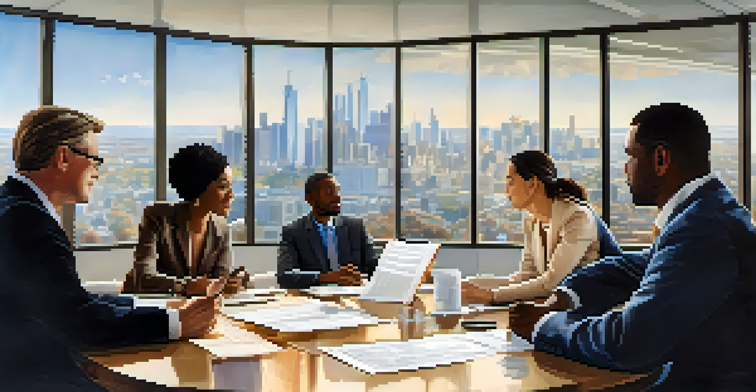 A diverse group discussing estate taxes, with documents and charts on a table in a bright, modern room with a city view.