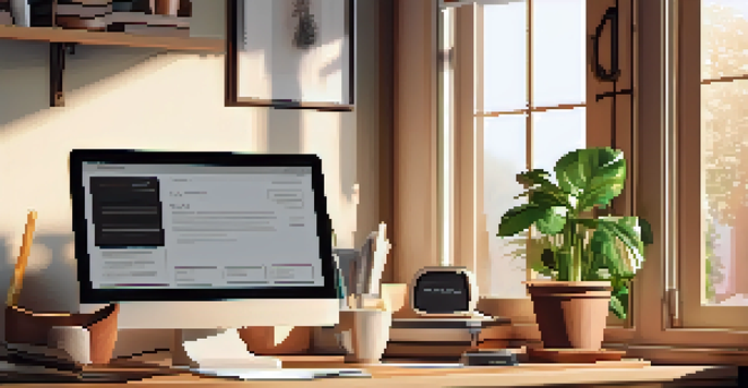 A home office with a wooden desk, a laptop displaying tax documents, a cup of coffee, and a potted plant, illuminated by soft morning light.