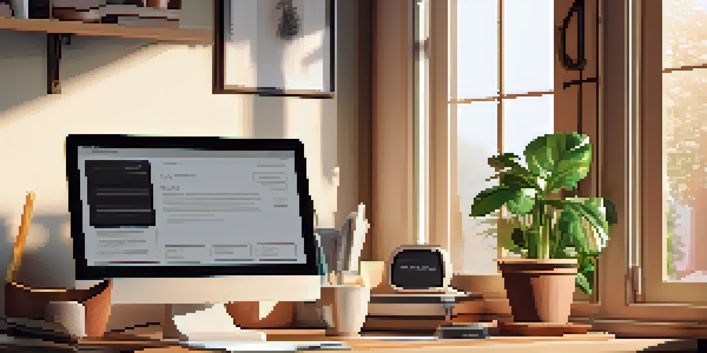 A home office with a wooden desk, a laptop displaying tax documents, a cup of coffee, and a potted plant, illuminated by soft morning light.
