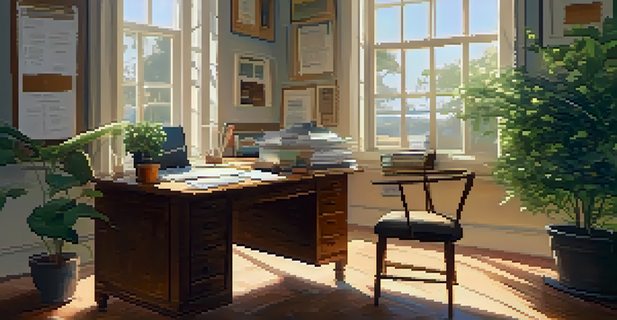 An organized office desk with tax documents, a laptop, calculator, and a coffee cup, illuminated by natural light from a window.