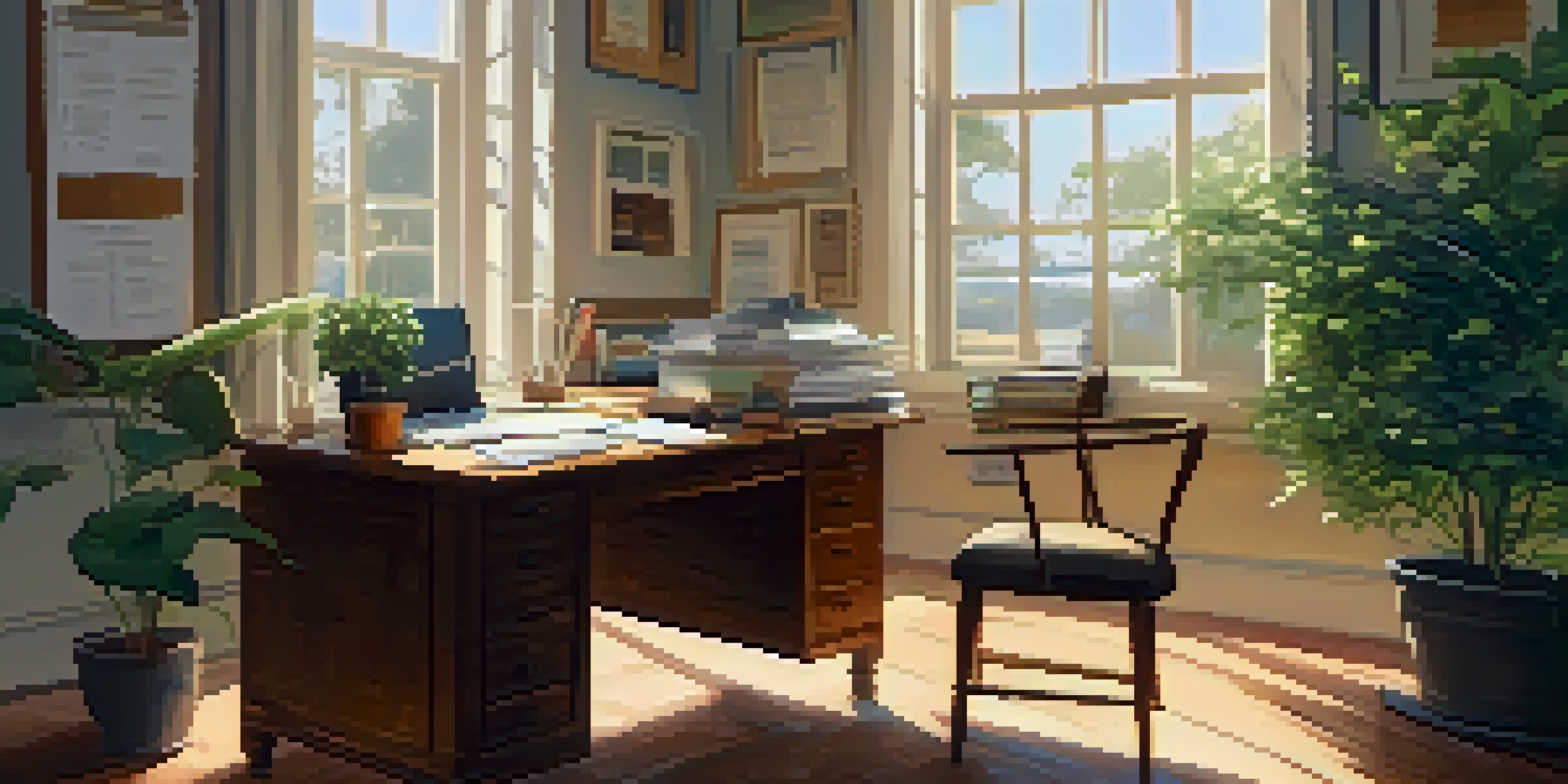An organized office desk with tax documents, a laptop, calculator, and a coffee cup, illuminated by natural light from a window.