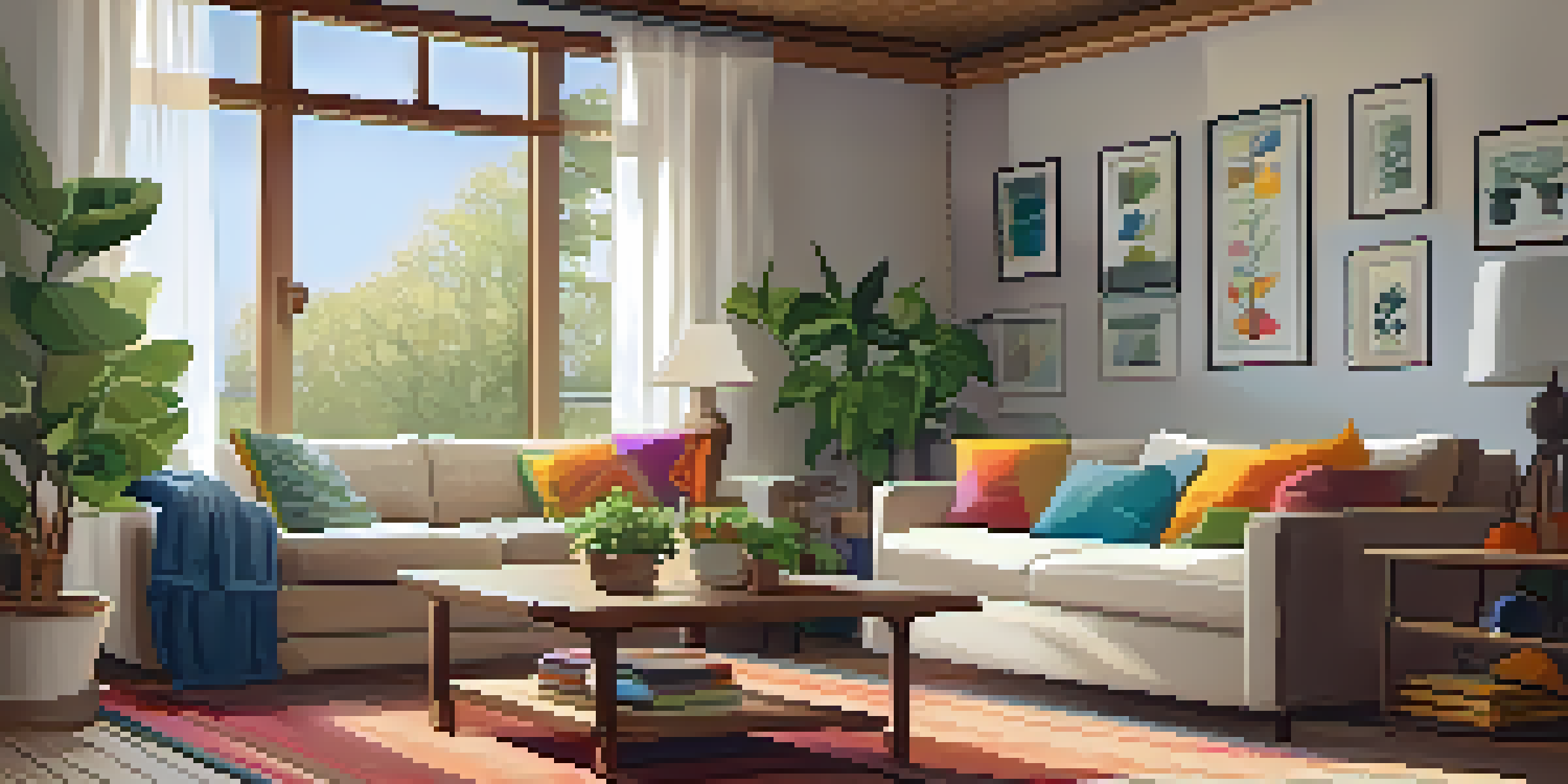 A bright living room with a sofa, coffee table, plants, and large windows letting in sunlight.
