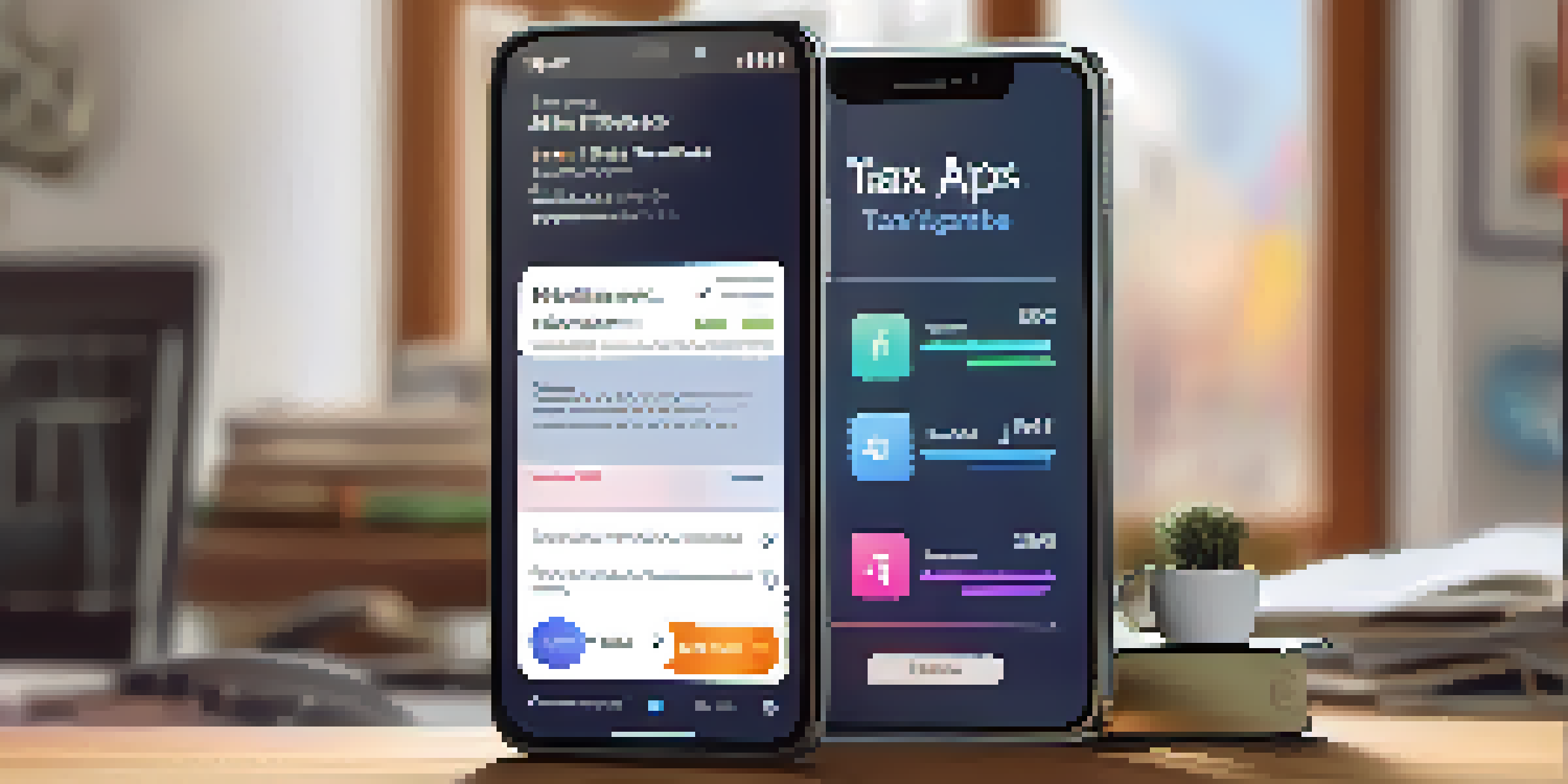 A smartphone displaying a tax app with colorful alerts in a cozy home office setting.