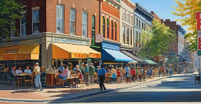A busy city street featuring a coffee shop with a sales tax sign, people walking and enjoying beverages, and vibrant storefronts under warm sunlight.
