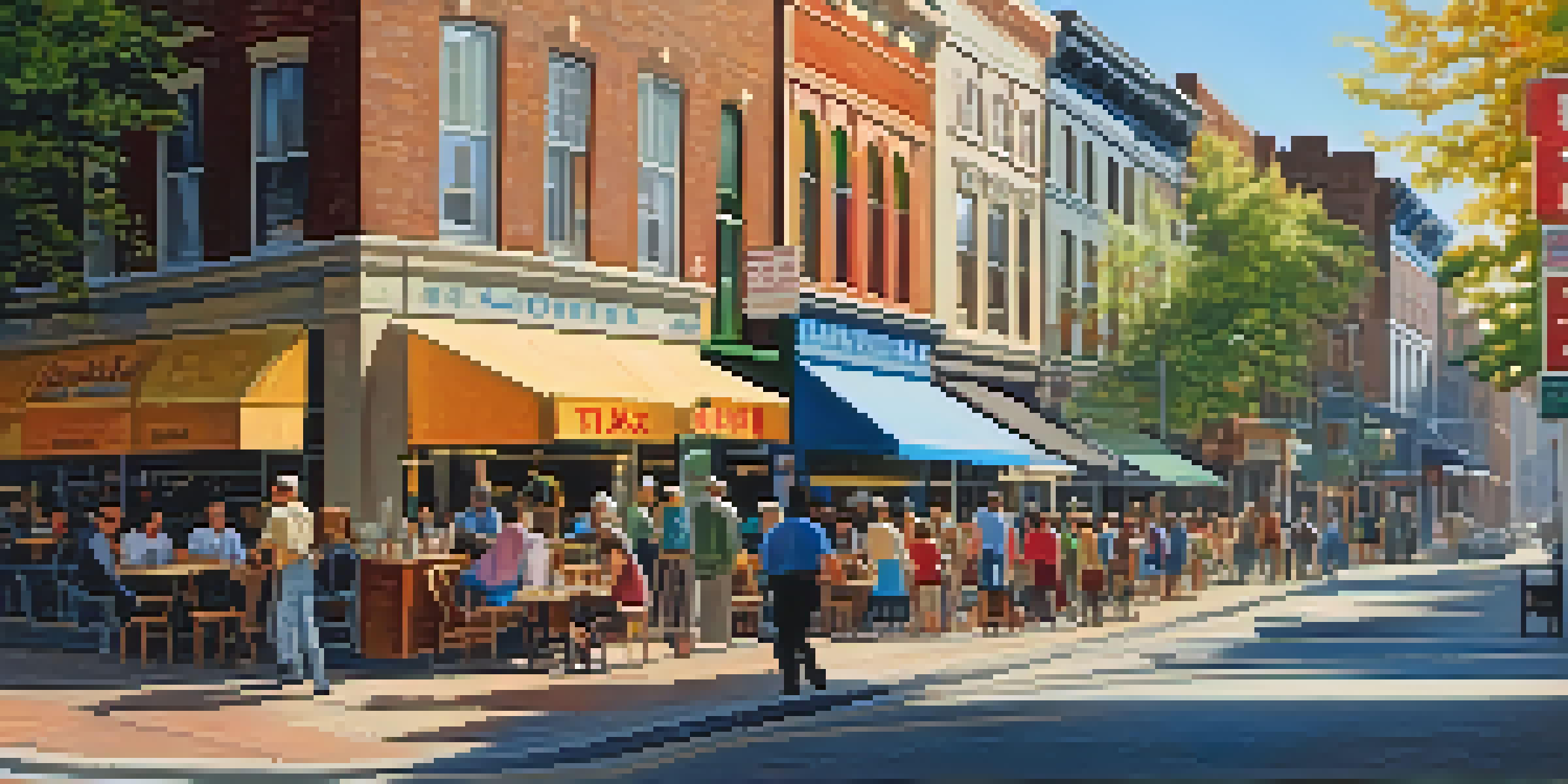 A busy city street featuring a coffee shop with a sales tax sign, people walking and enjoying beverages, and vibrant storefronts under warm sunlight.