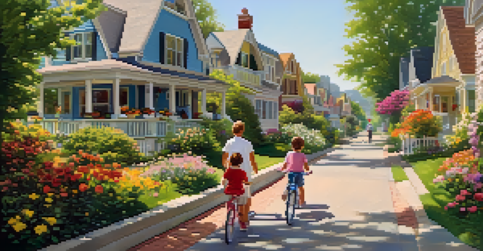 A scenic suburban street with charming houses and blooming gardens, illuminated by warm sunlight.