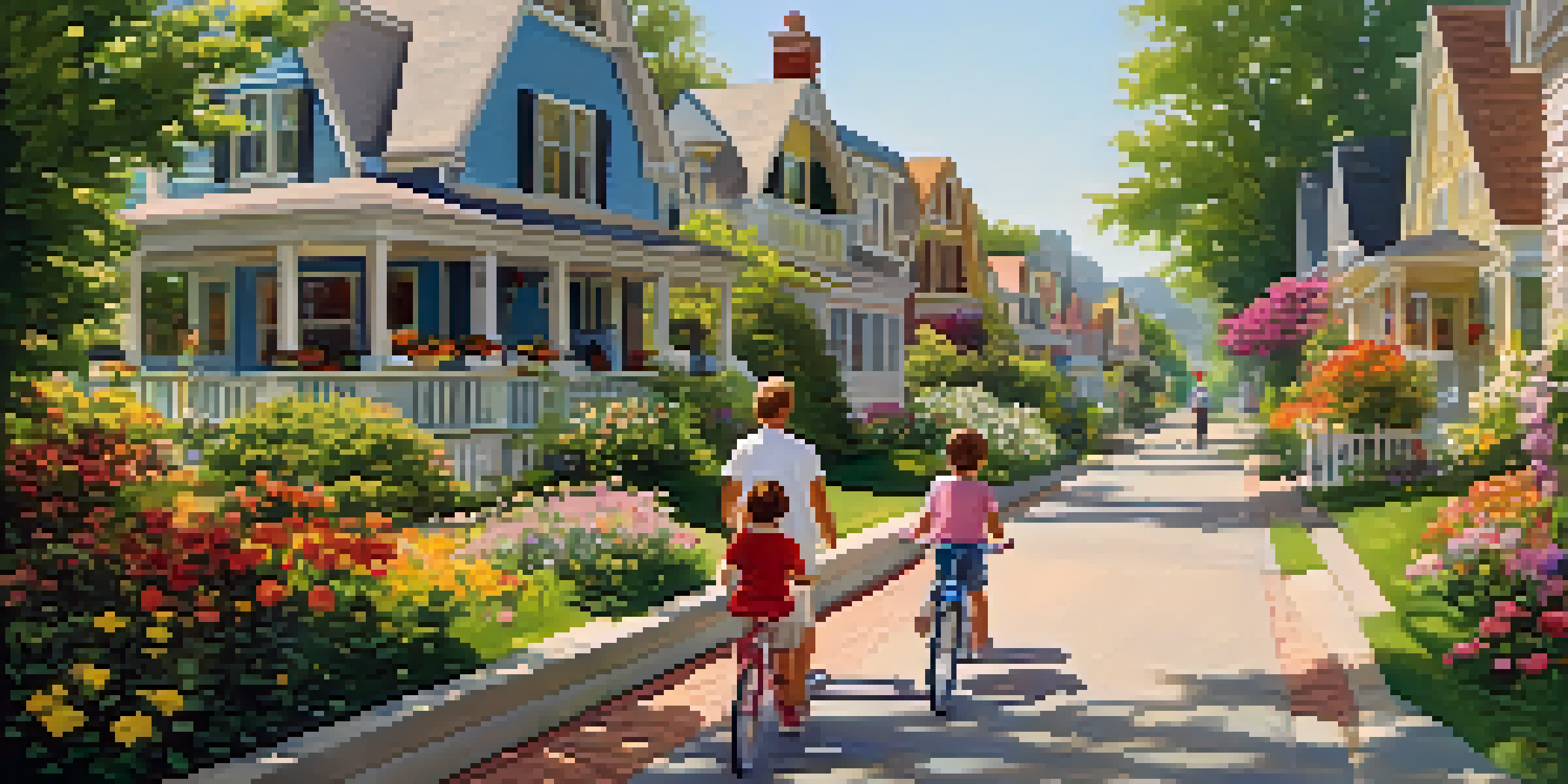 A scenic suburban street with charming houses and blooming gardens, illuminated by warm sunlight.