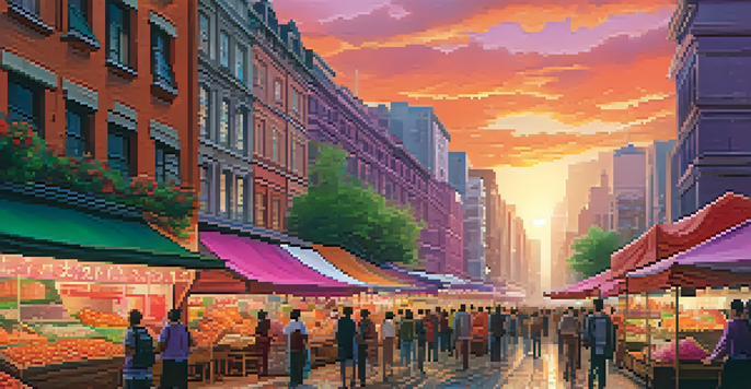 A sunset view of a city skyline with a mix of skyscrapers and historical buildings, vibrant sky colors, and a lively street market in the foreground.