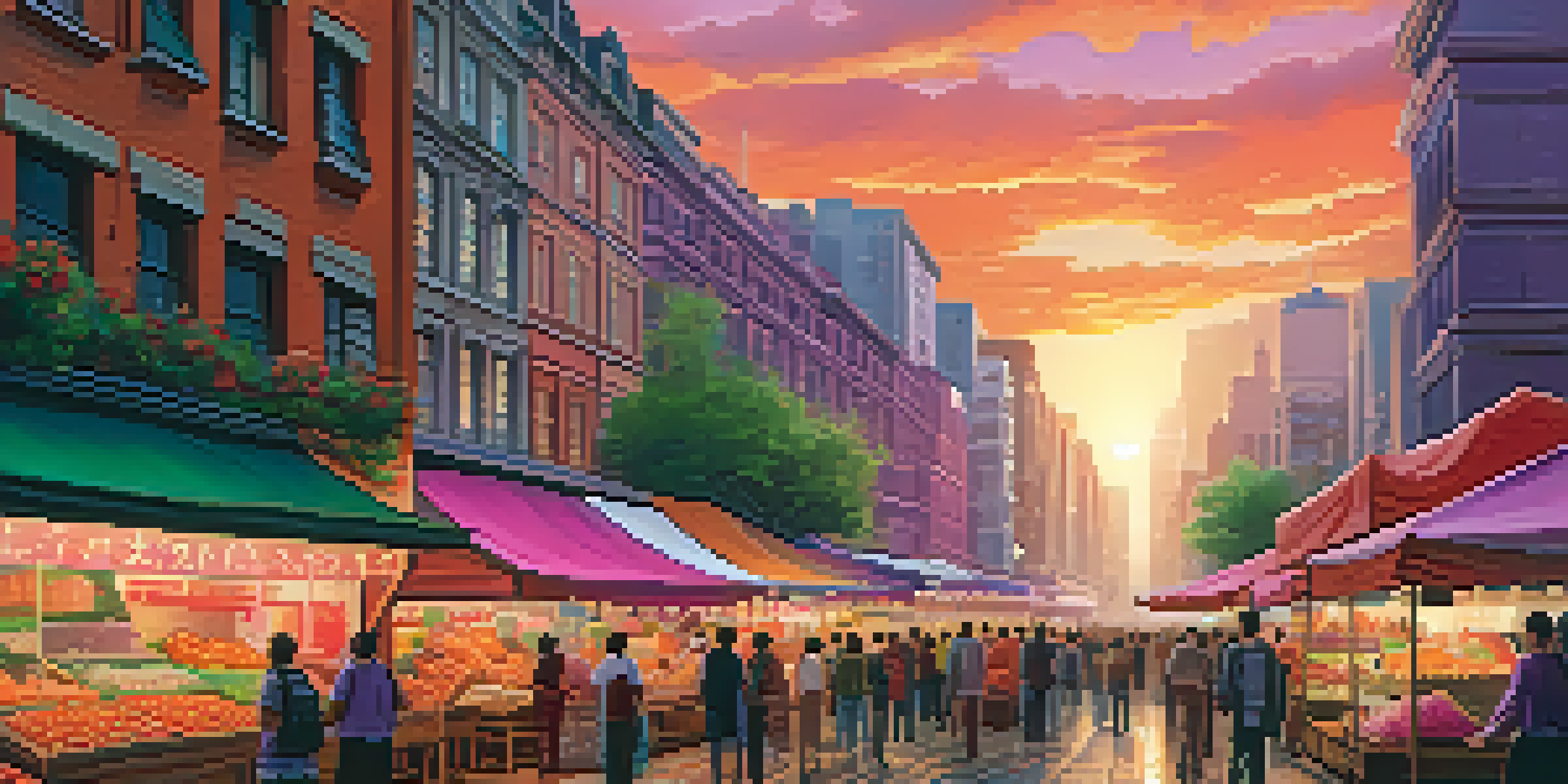 A sunset view of a city skyline with a mix of skyscrapers and historical buildings, vibrant sky colors, and a lively street market in the foreground.