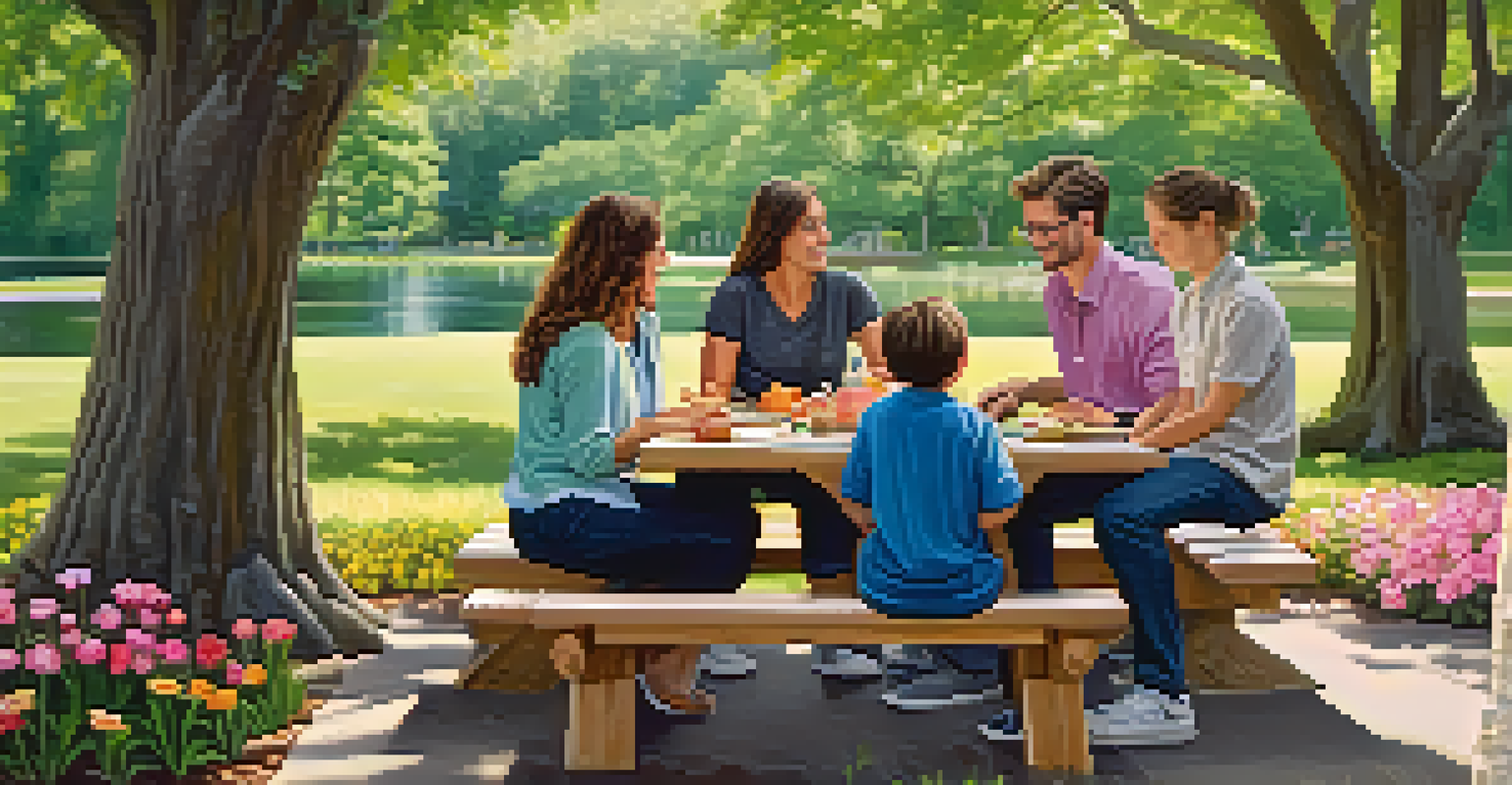 A family sitting at a picnic table in a park, discussing financial matters with a laptop open, surrounded by nature.