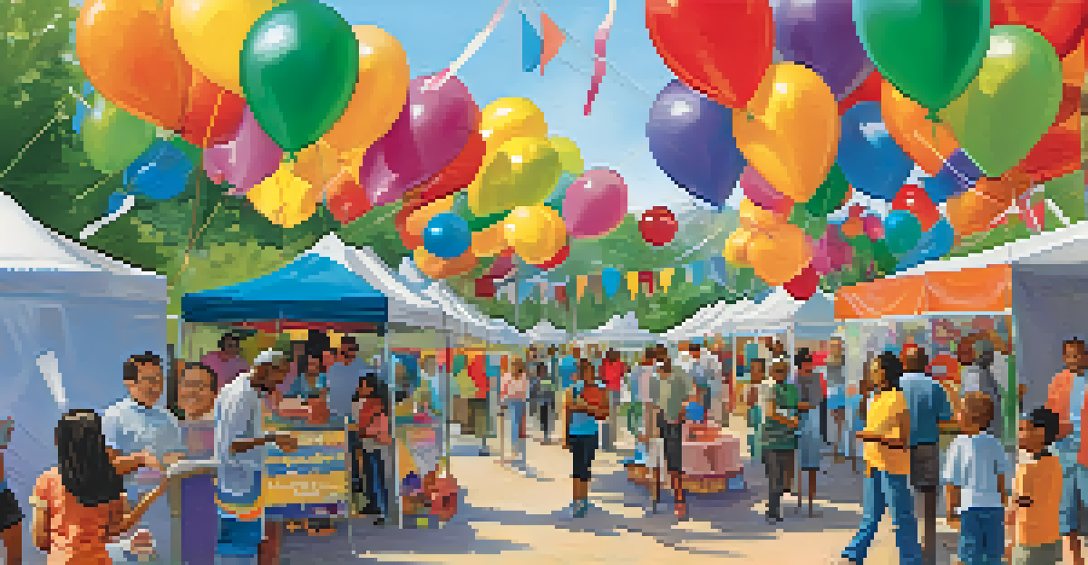 A vibrant community health fair featuring colorful tents and banners, where families engage with healthcare providers for screenings and information.