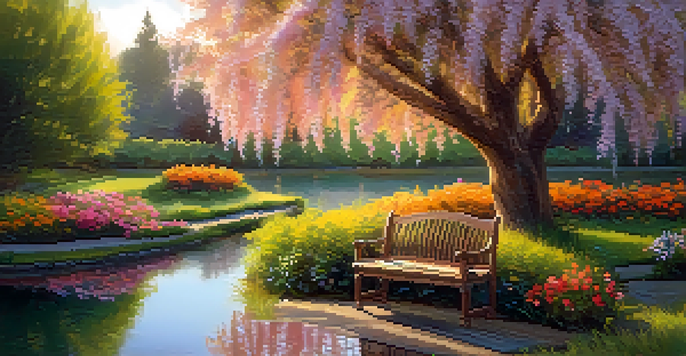 A tranquil garden scene with a pond, colorful flowers, and a wooden bench under a willow tree during sunset.