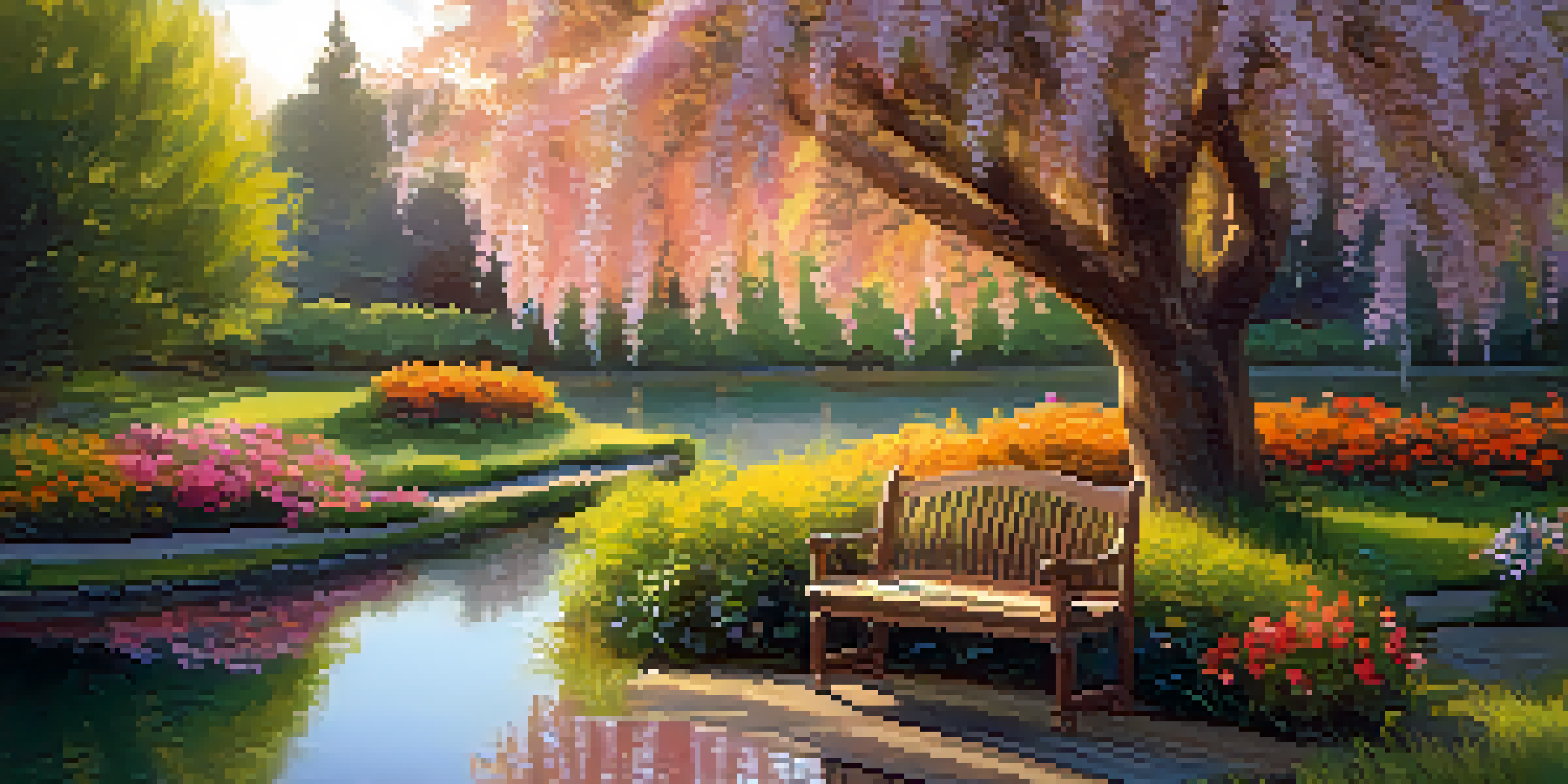 A tranquil garden scene with a pond, colorful flowers, and a wooden bench under a willow tree during sunset.