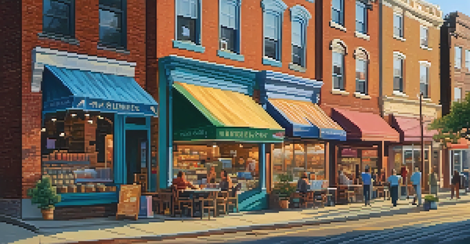 A lively street filled with small businesses, showcasing colorful storefronts and owners interacting with customers during sunset.