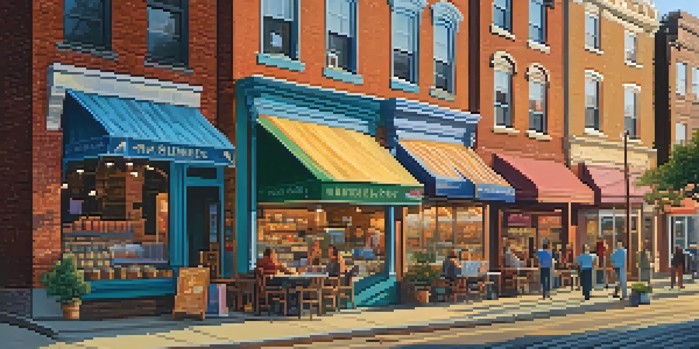 A lively street filled with small businesses, showcasing colorful storefronts and owners interacting with customers during sunset.