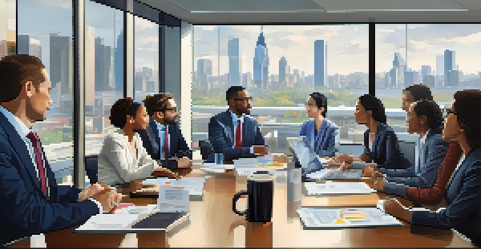 A diverse group of professionals in a bright meeting room discussing international tax treaties, with documents and a city view.