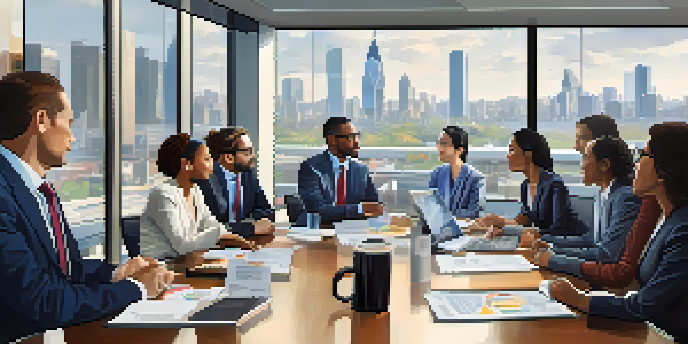 A diverse group of professionals in a bright meeting room discussing international tax treaties, with documents and a city view.