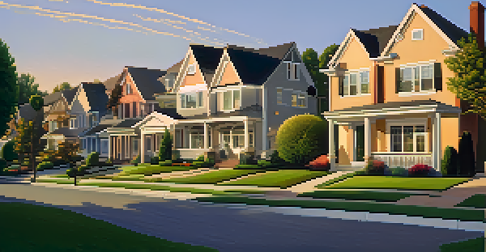 A peaceful suburban neighborhood with houses and lawns during sunset.
